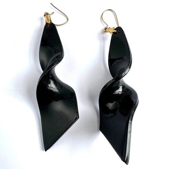 Mod Black Lucite Earrings, 14K Gold Hooks - Picture 4 of 8